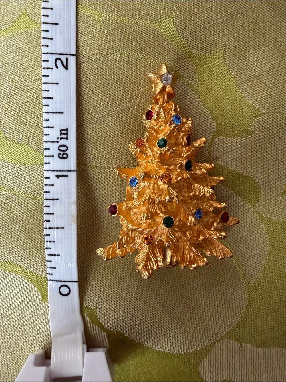 MERKSAMER matte Gold-tone Christmas Tree Brooch with Multicolor Rhinestones.